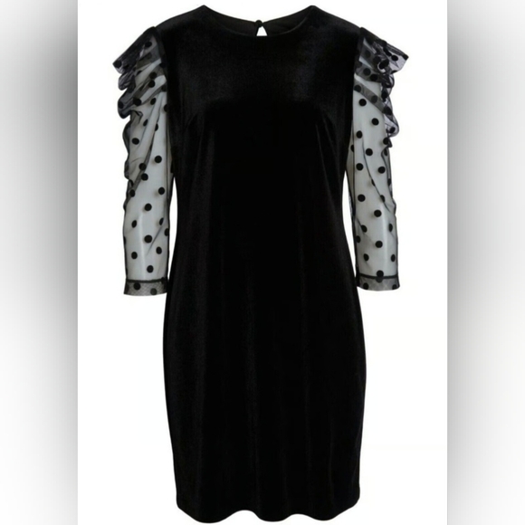 JULIA JORDAN Dot Mesh Sleeve Velvet Shift Dress In Black Size 2 - Picture 1 of 6